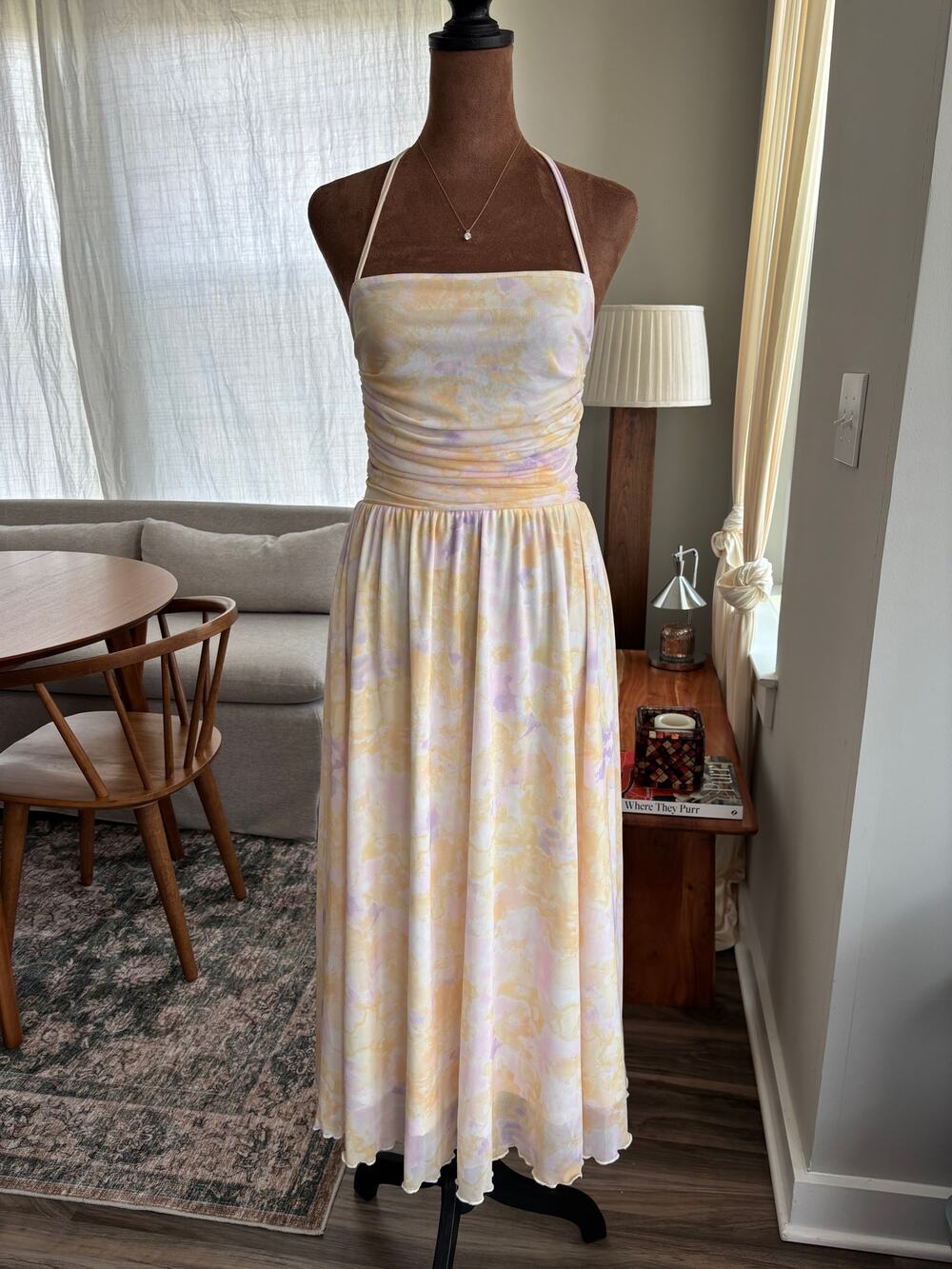 Pastel Watercolor Floral Mesh Halter Midi Dress Ruched Summer Girly Whimsy Small